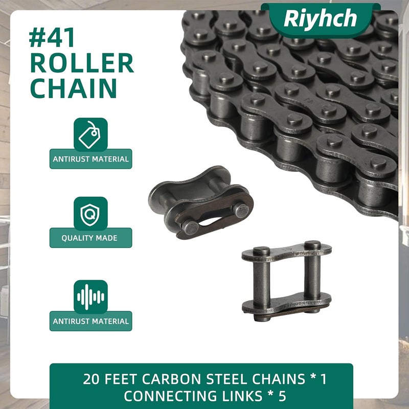 Riyhch #41 Roller Chain 20 Feet Carbon Steel Chains with 5 Connecting Links Pitch for Chain Driven Sliding Gate Opener, Mini Bikes, Scooters, Garage Hanger Door Karts Bike - Image 2